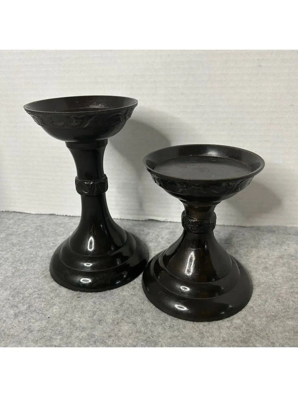 Pottery Barn Metal Candle Pillars Etched Set of 2 Black Brown Sml Flaw See Pic